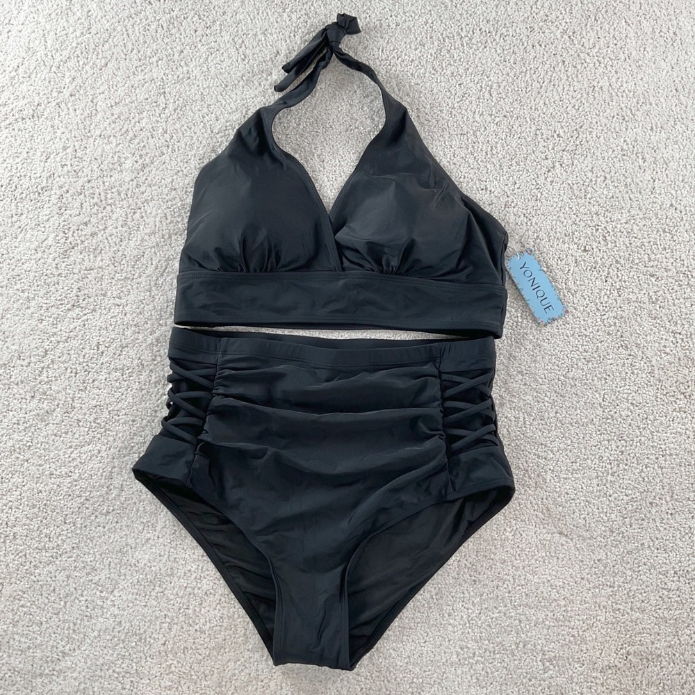 Yonique Halter Bikini Set High Waisted Ruched Lattice Side Swimsuit 14W NEW